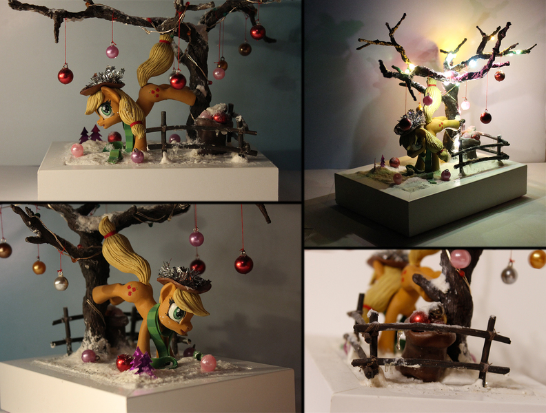 Size: 2300x1742 | Tagged: safe, artist:alisterosenheim, derpibooru import, applejack, pony, applebucking, bucking, christmas ornament, craft, decoration, sculpture, snow, solo, traditional art, tree