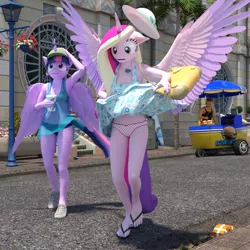 Size: 1750x1750 | Tagged: 3d, alicorn, anthro, artist:tahublade7, bag, bikini, black swimsuit, clothes, daz studio, derpibooru import, embarrassed, eyes on the prize, feet, flip-flops, floppy ears, hat, heart, heart print underwear, lamppost, legs, nail polish, oc, oc:cuban sandwich, panties, panty shot, plantigrade anthro, princess cadance, ribbon, safe, sandals, see-through, shoes, skirt, skirt lift, sneakers, soda, spread wings, street, summer dress, sun hat, swimsuit, tanktop, this will end in tears and/or laughter, twilight sparkle, twilight sparkle (alicorn), underwear, upskirt, white underwear, wide eyes, wind, windswept hair