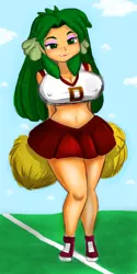 Size: 1230x2466 | Tagged: artist:cabrony, artist:shonuff44, barb, belly button, big breasts, bimbo, blushing, breasts, busty barb, cheerleader, colored, color edit, derpibooru import, edit, erect nipples, female, grass, human, humanized, midriff, nipple outline, pom pom, rule 63, solo, spike, suggestive