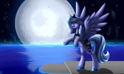 Size: 1024x614 | Tagged: safe, artist:whitehershey, derpibooru import, princess luna, alicorn, pony, eyes closed, floppy ears, moon, night, ocean, open mouth, rearing, s1 luna, solo, spread wings, stars, water