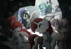 Size: 1280x887 | Tagged: safe, artist:hioshiru, derpibooru import, oc, oc:amaranthine sky, oc:reverie, oc:snowy do, oc:sweet skies, unofficial characters only, pegasus, pony, unicorn, chromatic aberration, commission, skyrim, snow, the elder scrolls, ych result