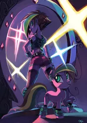 Size: 2480x3508 | Tagged: safe, artist:paradoxbroken, derpibooru import, oc, oc:onyxia melody, unofficial characters only, earth pony, pony, equestria girls, clothes, duo, ear piercing, equestria girls-ified, fishnets, human ponidox, looking back, magic mirror, mirror, piercing, rainbow hair, rear view, self ponidox, shorts, smiling