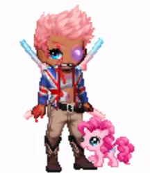 Size: 761x879 | Tagged: blood, bloody, bruised, clothes, dark skin, derpibooru import, gaia online, gap teeth, human, humanized, jacket, katana, pinkamena diane pie, pinkie pie, safe, sword, union jack, weapon