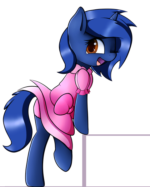 Size: 1744x2182 | Tagged: safe, artist:neighday, derpibooru import, oc, oc:starlight blossom, unofficial characters only, pony, unicorn, bipedal, bipedal leaning, clothes, cute, dress, female, filly, happy, leaning, looking at you, one eye closed, open mouth, panties, pink underwear, simple background, skirt, solo, underwear, upskirt, white background, wink