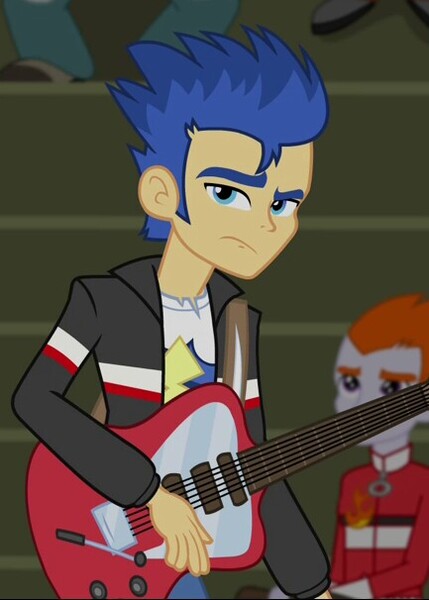 Size: 433x606 | Tagged: safe, derpibooru import, screencap, flash sentry, heath burns, equestria girls, rainbow rocks, annoyed, clothes, electric guitar, frown, glare, guitar, jacket, looking at you, raised eyebrow, solo focus