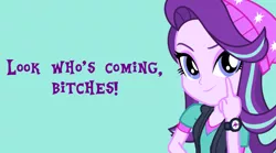 Size: 1565x869 | Tagged: safe, artist:jamesawilliams1996, derpibooru import, edit, starlight glimmer, equestria girls, beanie, blue background, clothes, female, hat, looking at you, middle finger, simple background, smiling, smug, solo, teal background, vulgar