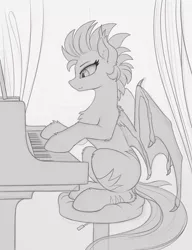 Size: 1010x1312 | Tagged: safe, artist:yakovlev-vad, derpibooru import, oc, unofficial characters only, bat pony, pony, chest fluff, female, mare, monochrome, patreon reward, piano, sitting, sketch, slit eyes, smiling, solo