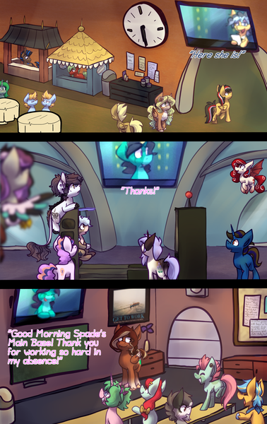 Size: 1024x1625 | Tagged: safe, artist:crownedspade, derpibooru import, oc, oc:arabella, unofficial characters only, bat pony, earth pony, pegasus, pony, unicorn, comic:spade sisters, colt, female, filly, flower, flower in hair, male, mare, television