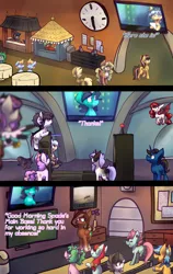 Size: 1024x1625 | Tagged: safe, artist:crownedspade, derpibooru import, oc, oc:arabella, unofficial characters only, bat pony, earth pony, pegasus, pony, unicorn, comic:spade sisters, colt, female, filly, flower, flower in hair, male, mare, television