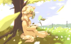 Size: 2596x1618 | Tagged: safe, artist:dagmell, derpibooru import, oc, oc:rita, unofficial characters only, pony, unicorn, female, field, flower, forest, magic, mare, power line, shadow, shiny, sitting, solo, tree, wreath