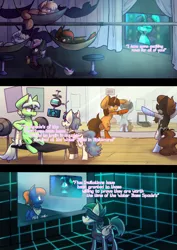 Size: 1024x1449 | Tagged: safe, artist:crownedspade, derpibooru import, oc, oc:arabella, unofficial characters only, bat pony, earth pony, pegasus, pony, unicorn, comic:spade sisters, clothes, comic, dialogue, female, hammock, headphones, male, mare, socks, stallion, sweater, television, weights