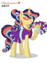 Size: 2048x2732 | Tagged: safe, artist:cinnamon-swirls, derpibooru import, oc, oc:sunfall glow, unofficial characters only, pony, unicorn, cheerleader, cheerleader outfit, clothes, eyeshadow, lipstick, makeup, offspring, one eye closed, parent:starlight glimmer, parent:sunburst, parents:starburst, pom pom, ponytail, simple background, solo, transparent background, wink