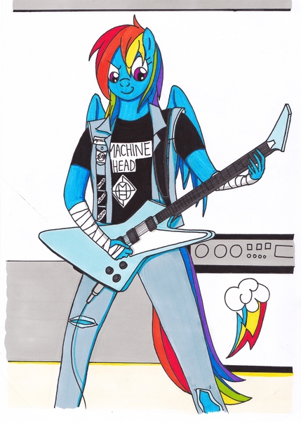 Size: 2456x3433 | Tagged: amplifier, anthrax, anthro, artist:killerteddybear94, bandage, clothes, cutie mark, derpibooru import, electric guitar, guitar, jeans, machine head, megadeth, metal, metallica, pants, patch, rainbow dash, rainbow thrash, ripped jeans, safe, slayer, smiling, solo, tail, testament, thrash metal, traditional art, wings