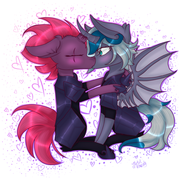 Size: 3850x3850 | Tagged: safe, artist:zombiecupcake101, derpibooru import, fizzlepop berrytwist, tempest shadow, oc, oc:elizabat stormfeather, alicorn, bat pony, bat pony alicorn, bat pony unicorn, pony, unicorn, my little pony: the movie, armor, blushing, broken horn, canon x oc, curved horn, eye scar, eyes closed, female, heart, hug, kissing, lesbian, scar, shipping, simple background, spread wings, stormshadow, transparent background, wingboner