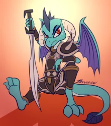 Size: 1500x1700 | Tagged: armor, artist:bassywolfeh, derpibooru import, dragon, feet, looking at you, princess ember, safe, solo, spreading, spread legs, spread wings, sword, weapon