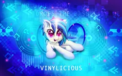Size: 5760x3600 | Tagged: safe, artist:sol-r, derpibooru import, vinyl scratch, pony, unicorn, absurd resolution, chest fluff, cute, ear fluff, female, hooves, horn, lens flare, lying down, mare, music notes, open mouth, reflection, scraton, solo, speakers, text, vector, vinylicious, wallpaper