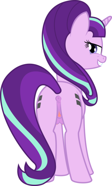 Size: 3589x5958 | Tagged: explicit, artist:grypher, derpibooru import, starlight glimmer, pony, unicorn, the cutie map, absurd resolution, anatomically correct, anus, bedroom eyes, both cutie marks, clitoris, crotchboobs, equal cutie mark, estrus, female, grin, looking at you, looking back, nipples, nudity, plot, rear view, simple background, smiling, solo, solo female, teats, transparent background, vulva, vulvar winking