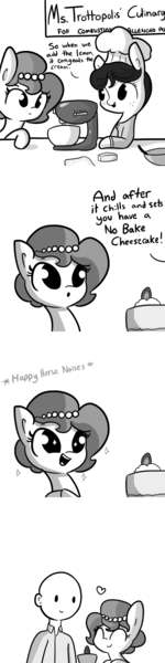 Size: 792x3168 | Tagged: safe, artist:tjpones, derpibooru import, oc, oc:brownie bun, oc:ms. trottopolis, oc:richard, unofficial characters only, earth pony, human, pony, horse wife, :o, c:, cake, cheesecake, comic, cooking, cute, descriptive noise, dilated pupils, everything went better than expected, eyes closed, eyes on the prize, female, food, freckles, grayscale, happy, heart, horse noises, human male, husband and wife, male, mare, meme, monochrome, no bake cheesecake, ocbetes, open mouth, raised eyebrow, simple background, smiling, sparkles, starry eyes, watching, white background, wingding eyes