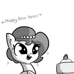 Size: 792x792 | Tagged: safe, artist:tjpones, derpibooru import, oc, oc:brownie bun, unofficial characters only, earth pony, pony, horse wife, :d, cake, cheesecake, cute, descriptive noise, dilated pupils, eyes on the prize, female, food, grayscale, happy, horse noises, mare, meme, monochrome, no bake cheesecake, ocbetes, open mouth, simple background, single panel, smiling, solo, sparkles, starry eyes, tjpones is trying to murder us, white background, wingding eyes