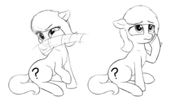 Size: 2117x1240 | Tagged: safe, artist:smoldix, derpibooru import, oc, oc:anonfilly, unofficial characters only, earth pony, pony, :t, abuse, cheek squish, chest fluff, ear fluff, female, filly, fluffy, frown, leg fluff, lidded eyes, looking up, mare, monochrome, nose wrinkle, rubbing, sad, simple background, slap, solo, squishy cheeks, wavy mouth, white background, wide eyes