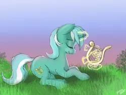 Size: 814x613 | Tagged: safe, artist:hardbrony, derpibooru import, lyra heartstrings, pony, eyes closed, glowing horn, grass, hand, lyre, magic, magic hands, prone, signature, sky, smiling, solo