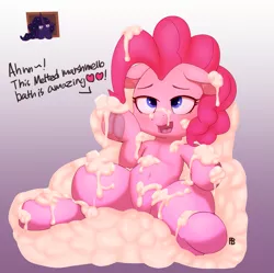 Size: 1333x1330 | Tagged: suggestive, artist:pabbley, artist:transgressors-reworks, color edit, derpibooru import, edit, pinkie pie, princess luna, alicorn, earth pony, pony, belly button, blushing, colored, dream, dream walker luna, food, frog (hoof), heart, hoofbutt, marshmallow, misleading thumbnail, not porn, simple background, speech, underhoof