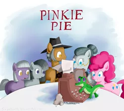 Size: 900x810 | Tagged: safe, artist:tierraverde, derpibooru import, cloudy quartz, gummy, igneous rock pie, limestone pie, marble pie, pinkie pie, pony, blank flank, cover, pie family, pie sisters, pun, quartzrock, siblings, sisters, typewriter