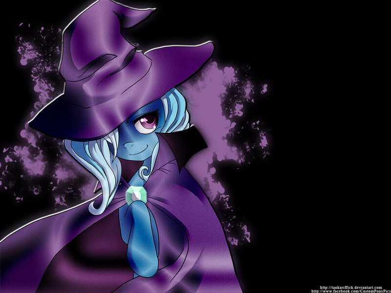 Size: 900x675 | Tagged: safe, artist:the-orator, derpibooru import, edit, trixie, pony, unicorn, blue coat, blue mane, cape, clothes, hat, jewelry, one eye covered, raised hoof, simple background, smiling, solo, trixie's cape, trixie's hat, wizard hat