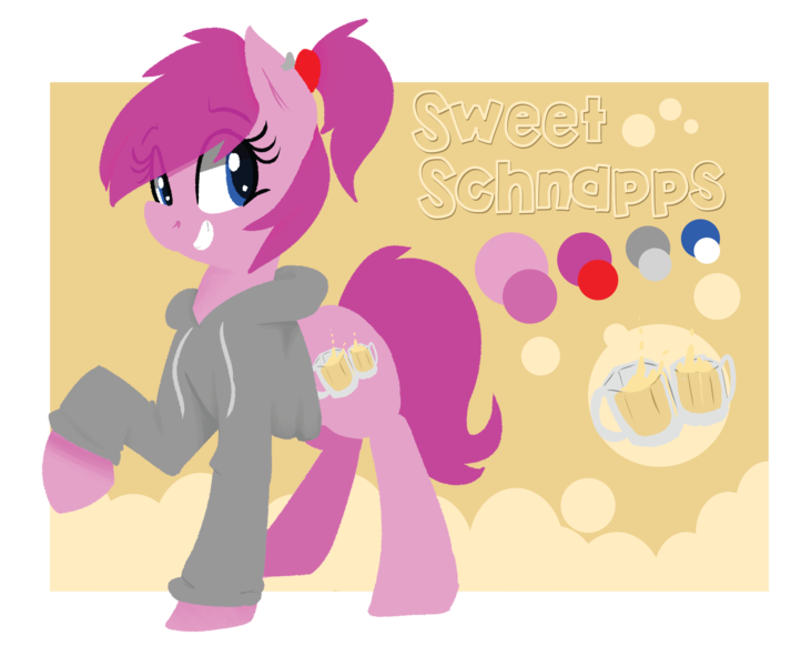 Size: 2508x2085 | Tagged: safe, artist:themodpony, deleted from derpibooru, derpibooru import, oc, oc:schweet schnapps, unofficial characters only, earth pony, pony, alcohol, clothes, cutie mark, female, hooves, image, lineless, mare, passepartout, png, ponytail, raised leg, reference sheet, solo, teeth, text