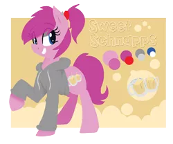 Size: 2508x2085 | Tagged: safe, artist:themodpony, derpibooru import, oc, oc:schweet schnapps, unofficial characters only, earth pony, pony, alcohol, clothes, cutie mark, female, hooves, image, lineless, mare, passepartout, png, ponytail, raised leg, reference sheet, solo, teeth, text