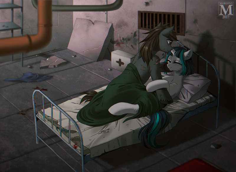 Size: 1400x1022 | Tagged: questionable, semi-grimdark, artist:margony, derpibooru import, oc, oc:dragonfire, oc:star strike, unofficial characters only, earth pony, pony, unicorn, fallout equestria, fallout equestria: child of the stars, apocalypse, bed, blanket, blood, commission, eyes closed, fallout, female, first aid, first aid kit, male, mare, oc x oc, scar, shipping, smiling, stallion, straight