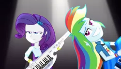 Size: 1904x1090 | Tagged: safe, derpibooru import, screencap, rainbow dash, rarity, equestria girls, rainbow rocks, awesome as i want to be, bracelet, duo, duo female, electric guitar, faic, female, guitar, jewelry, keytar, musical instrument, rainbow dash is best facemaker, rarity is not amused, smug, smugdash, unamused