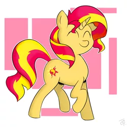 Size: 2000x2000 | Tagged: safe, artist:goldenled, derpibooru import, sunset shimmer, pony, unicorn, abstract background, backwards cutie mark, cute, eyes closed, happy, raised hoof, shimmerbetes, smiling, solo