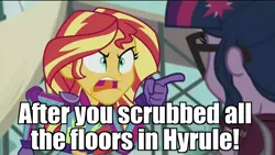 Size: 1920x1080 | Tagged: safe, derpibooru import, edit, edited screencap, screencap, sci-twi, sunset shimmer, twilight sparkle, equestria girls, friendship games, angry, cd-i, discovery family logo, exploitable meme, image macro, king harkinian, meme, pointing, sunset yells at twilight, the legend of zelda, zelda: the wand of gamelon