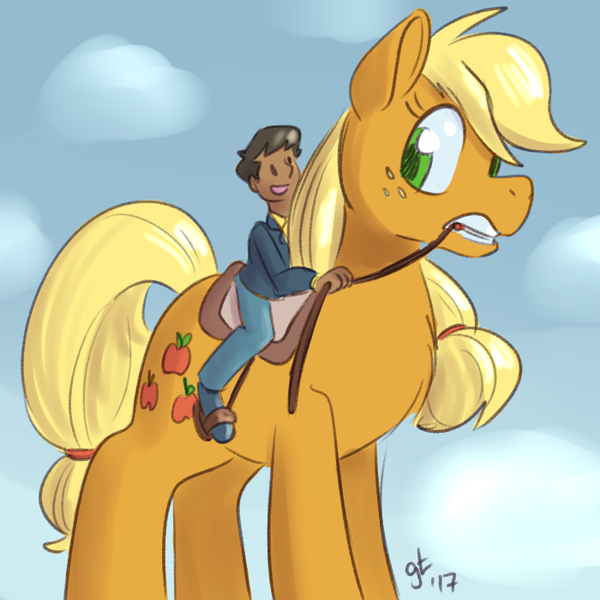 Size: 700x700 | Tagged: safe, artist:goat train, deleted from derpibooru, derpibooru import, applejack, human, pony, 30 minute art challenge, bit, clothes, colored sketch, duo, giant pony, hatless, humans riding ponies, looking back, macro, missing accessory, reins, riding, saddle, smiling, tack