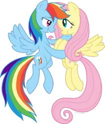 Size: 1250x1483 | Tagged: safe, artist:storfulsten, derpibooru import, fluttershy, rainbow dash, pony, female, flutterdash, flying, grin, lesbian, looking at each other, shipping, simple background, smiling, transparent background