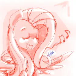 Size: 2000x2000 | Tagged: safe, artist:chikiz65, derpibooru import, fluttershy, pony, eyes closed, lightning, mane, music notes, practice, shade, signature, solo, tail, wip