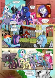 Size: 1355x1920 | Tagged: safe, artist:pencils, derpibooru import, fluttershy, limestone pie, maud pie, pinkie pie, princess celestia, princess luna, rainbow dash, rocky, twilight sparkle, twilight sparkle (alicorn), oc, oc:anon, oc:moonglow twinkle, oc:sky shatter, alicorn, earth pony, human, pegasus, pony, unicorn, comic:anon's pie adventure, backpack, bipedal, boots, bow, choker, cloak, clothes, comic, crown, dialogue, dress, eyeshadow, female, glasses, human male, jewelry, makeup, male, mare, necklace, regalia, rock, shirt, smiling, speech bubble, stallion, starry eyes, tail bow, thought bubble, wingding eyes