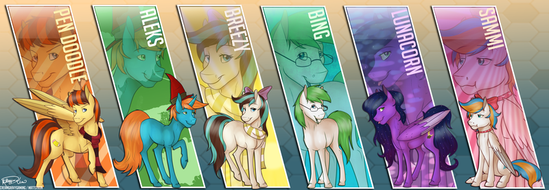 Size: 2021x700 | Tagged: safe, artist:mattsykun, derpibooru import, oc, oc:aleks, oc:bing, oc:breezy, oc:lunacorn, oc:pen, oc:pen doodle, oc:sammi, unofficial characters only, pony, bingzy, bree corp, kuledud3, piemations, sammifx