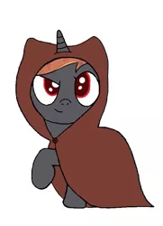 Size: 383x528 | Tagged: safe, artist:pizzamovies, derpibooru import, oc, oc:incendia, unofficial characters only, pony, unicorn, fanfic:antipodes, cloak, clothes, female, mare, simple background, smiling, solo, white background