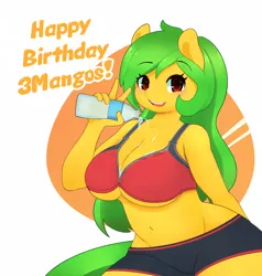 Size: 1200x1263 | Tagged: suggestive, artist:pinkcappachino, derpibooru import, oc, oc:mango, unofficial characters only, anthro, earth pony, absolute cleavage, anthro oc, belly button, big breasts, bra, breasts, cleavage, clothes, female, gift art, looking at you, mangoes, mare, midriff, open mouth, peace sign, simple background, smiling, solo, solo female, sports shorts, underboob, underwear, water bottle, wide hips