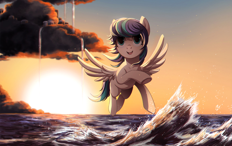 Size: 1250x791 | Tagged: safe, artist:ruhje, derpibooru import, oc, unofficial characters only, pegasus, pony, beautiful, city, cloud, commission, female, flying, looking at you, mare, open mouth, scenery, smiling, solo, spread wings, sun, sunset, water