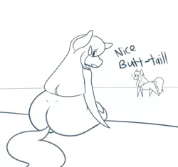 Size: 1280x1203 | Tagged: suggestive, artist:whisperfoot, derpibooru import, pony, butt tail, chibi, doodle, looking back, monochrome, plot, sitting, sketch, tail