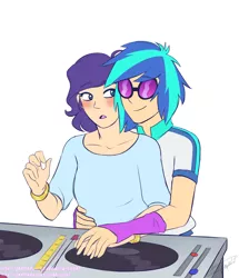 Size: 2446x2846 | Tagged: safe, artist:feellikeaplat, deleted from derpibooru, derpibooru import, rarity, vinyl scratch, equestria girls, blushing, dj table, female, humanized, lesbian, open mouth, rariscratch, shipping, simple background, smiling, sunglasses, white background