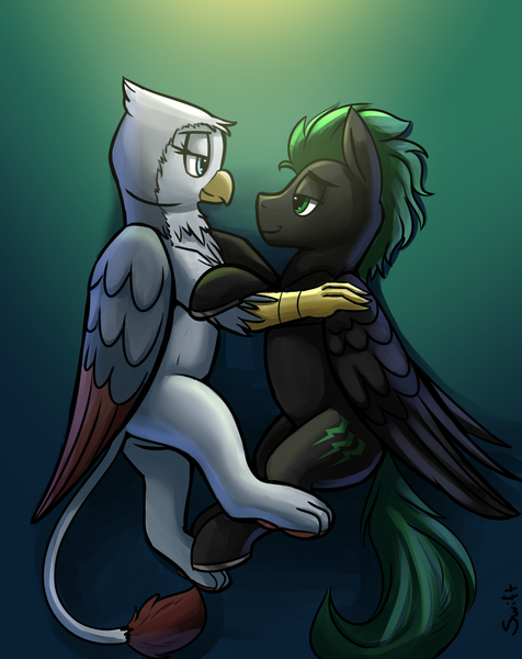 Size: 1114x1405 | Tagged: safe, artist:swiftsketchpone, derpibooru import, oc, oc:glissanda, oc:lightning hunt, unofficial characters only, gryphon, pegasus, pony, couple, cute, glihunt, romance