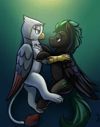 Size: 1114x1405 | Tagged: safe, artist:swiftsketchpone, derpibooru import, oc, oc:glissanda, oc:lightning hunt, unofficial characters only, gryphon, pegasus, pony, couple, cute, glihunt, romance