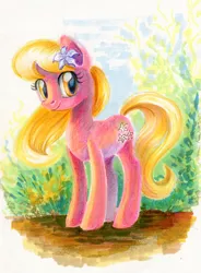 Size: 550x746 | Tagged: safe, artist:maytee, derpibooru import, lily, lily valley, earth pony, pony, female, flower, flower in hair, looking at you, mare, pink fur, smiling, solo, traditional art, yellow hair, yellow tail