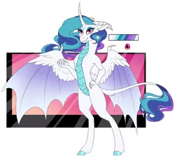 Size: 1776x1612 | Tagged: safe, artist:mythpony, derpibooru import, oc, unofficial characters only, dracony, hybrid, pony, bipedal, female, hybrid wings, magical lesbian spawn, offspring, parent:princess celestia, parent:princess ember, parents:emberlestia, reference sheet, solo