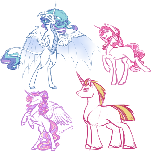 Size: 2672x2696 | Tagged: safe, artist:mythpony, derpibooru import, oc, oc:swansong, unofficial characters only, alicorn, dracony, hybrid, pony, unicorn, female, high res, hybrid wings, magical lesbian spawn, male, mare, offspring, parent:princess cadance, parent:princess celestia, parent:princess ember, parent:rarity, parents:emberlestia, raised hoof, raised leg, stallion