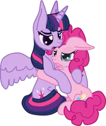 Size: 1042x1233 | Tagged: safe, artist:casanova-mew, derpibooru import, pinkie pie, twilight sparkle, twilight sparkle (alicorn), alicorn, earth pony, pony, comforting, crying, female, floppy ears, frown, hug, lesbian, lidded eyes, mare, open mouth, sad, shipping, simple background, sitting, spread wings, transparent background, twinkie, when she doesn't smile